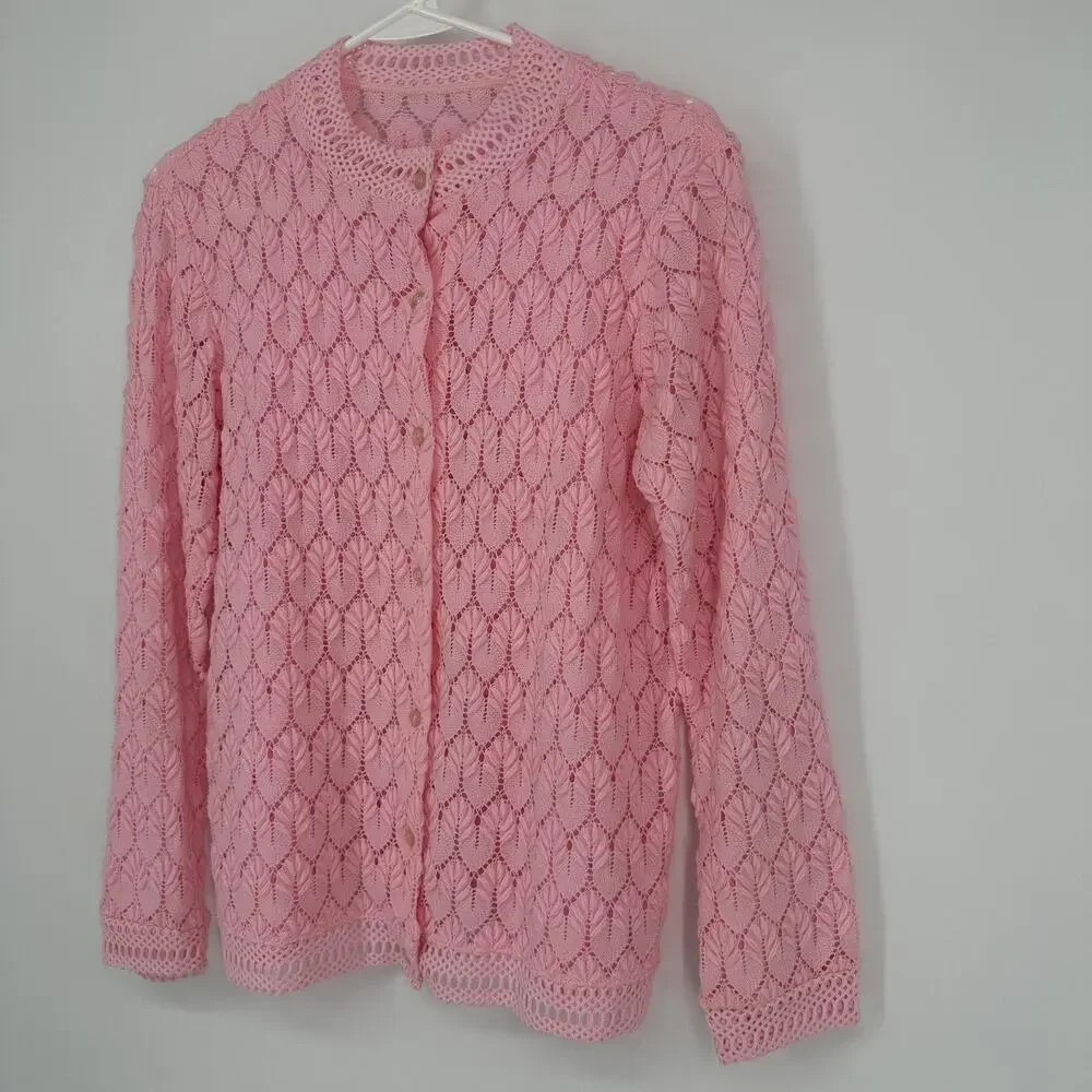 Vintage Knit Cardigan Womens SMALL Lace Crochet Button Up Sweater 90s Retro - Picture 4 of 9